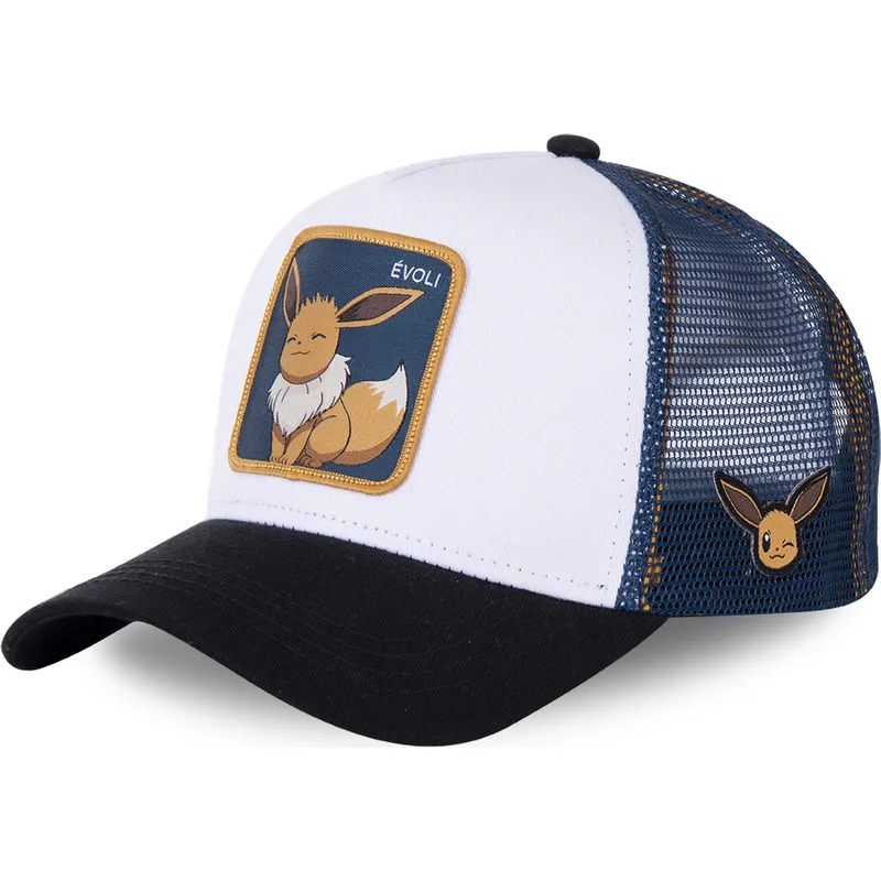 weisse-blaue-und-schwarze-trucker-kappe-eevee-evo3-pokemon-von-capslab