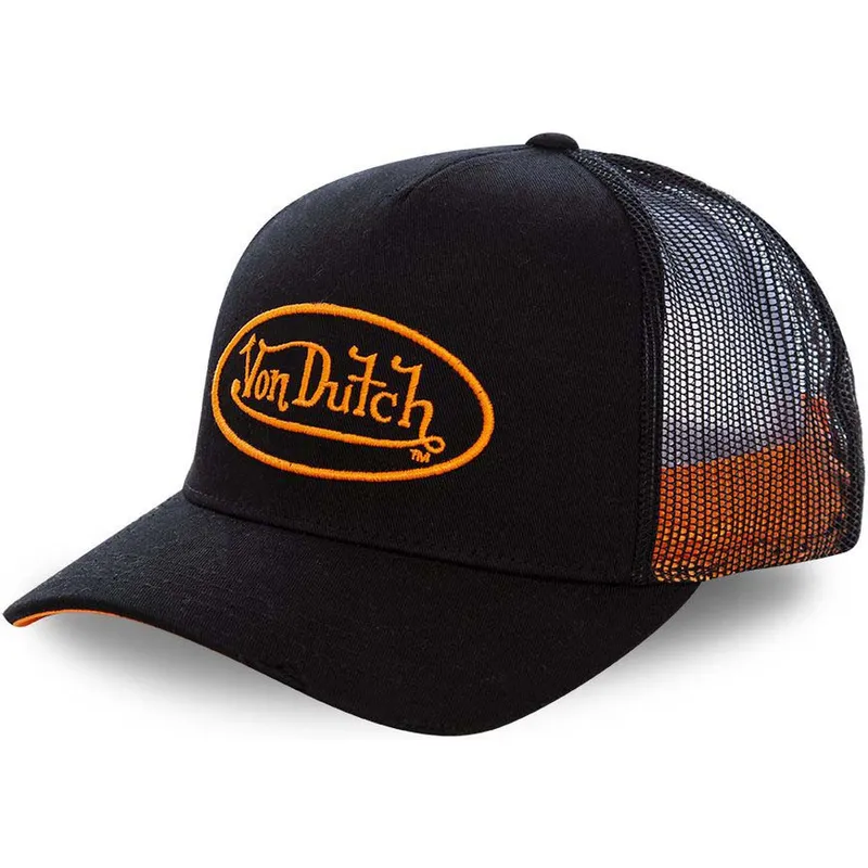 schwarze-trucker-kappe-mit-orangefarbenem-neo-ora-logo-von-von-dutch