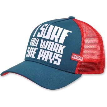 Coastal I Surf You Work She Pays HFT Blue and Red Trucker Hat