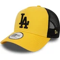gelbe-und-schwarze-trucker-kappe-mit-schwarzem-logo-a-frame-league-essential-der-los-angeles-dodgers-mlb-von-new-era
