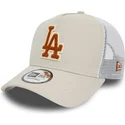 beige-weisse-trucker-kappe-mit-braunem-logo-a-frame-boucle-der-los-angeles-dodgers-mlb-von-new-era