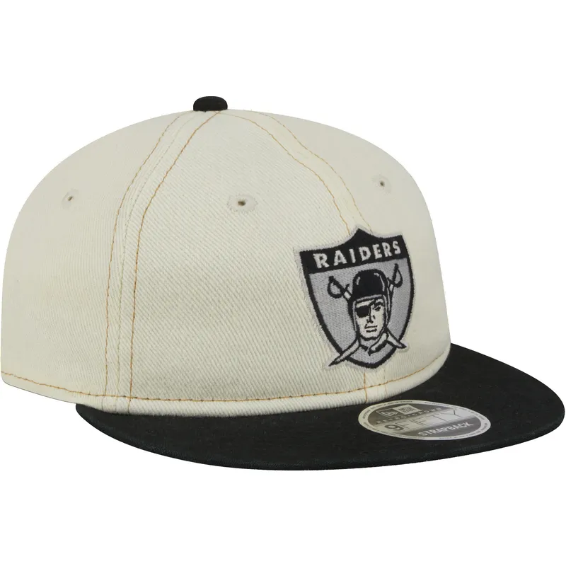 beige-und-schwarze-verstellbare-flatcap-9fifty-retro-crown-denim-der-oakland-raiders-nfl-von-new-era