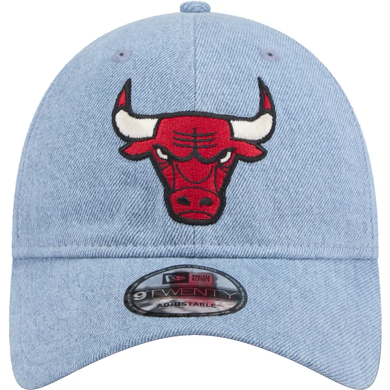 blaue-gebogene-verstellbare-kappe-9twenty-washed-denim-der-chicago-bulls-nba-von-new-era