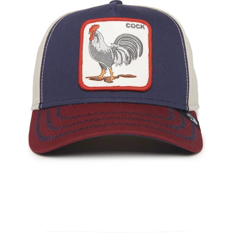dunkelblaue-beige-und-rote-curved-cap-snapback-hahn-cock-all-american-rooster-100-the-farm-all-over-canvas-von-goorin-bros
