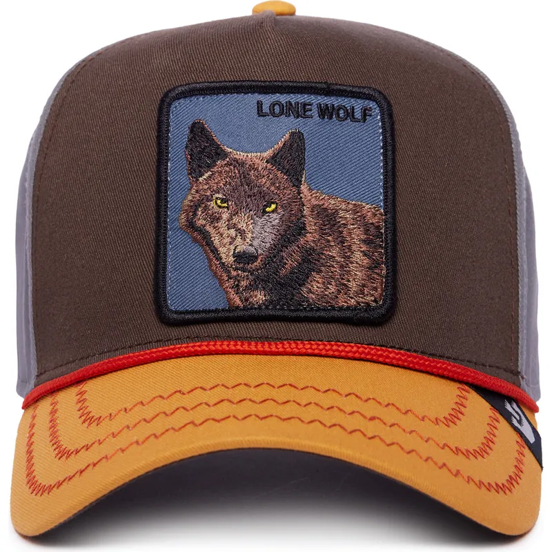 braune-graue-und-orangefarbene-curved-cap-snapback-wolf-lone-wolf-100-the-farm-all-over-canvas-von-goorin-bros