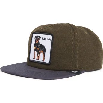 Goorin Bros. The Farm Flats Bad Boy Top Dog grön och blå snapback platt keps med rottweiler.