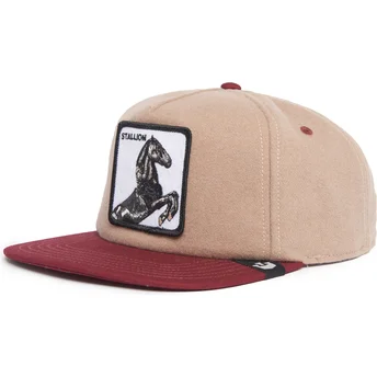 Braune und rote flache Snapback-Kappe Pferd Stallion Free Rider The Farm Flats von Goorin Bros.