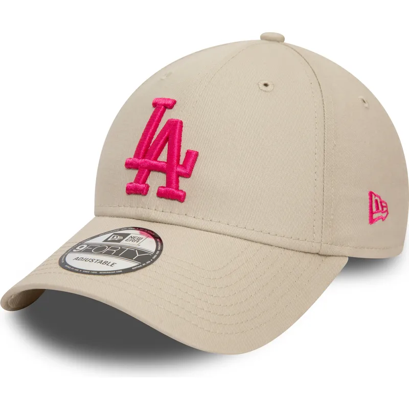 beige-verstellbare-kappe-mit-gebogenem-schirm-und-rosa-logo-9forty-league-essential-der-los-angeles-dodgers-mlb-von-new-era