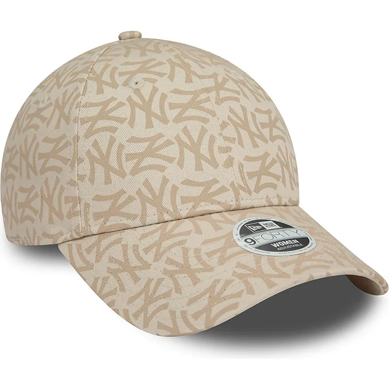 beige-gebogene-verstellbare-damenkappe-9forty-monogram-der-new-york-yankees-mlb-von-new-era