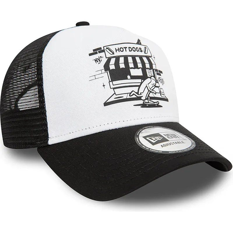 new-era-hot-dog-new-york-a-frame-graphic-schwarz-weisse-trucker-kappe