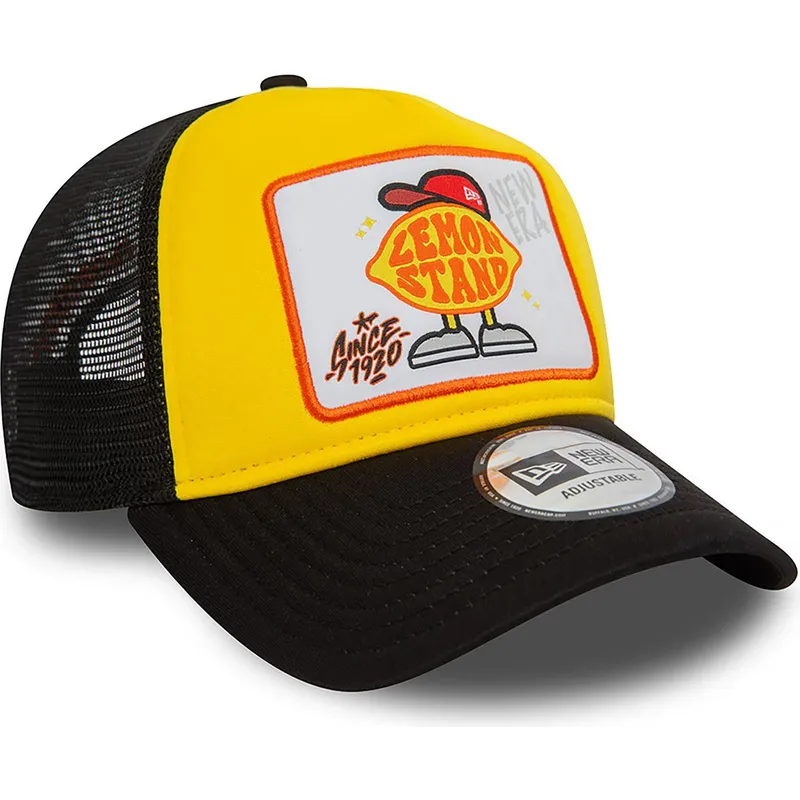 new-era-gelbes-und-schwarzes-trucker-cap-lemon-stand-life-gave-me-lemons-a-frame-patch