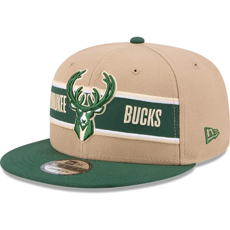 braune-und-grune-flache-snapback-kappe-9fifty-draft-2024-von-milwaukee-bucks-nba-von-new-era
