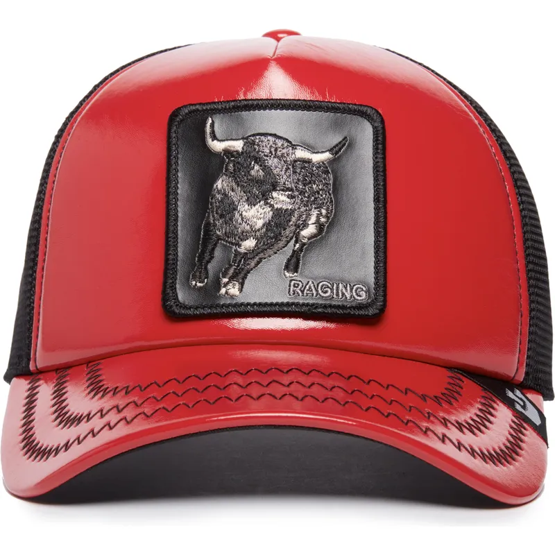 trucker-cap-rot-und-schwarz-stier-raging-pamplona-puff-patent-the-farm-von-goorin-bros