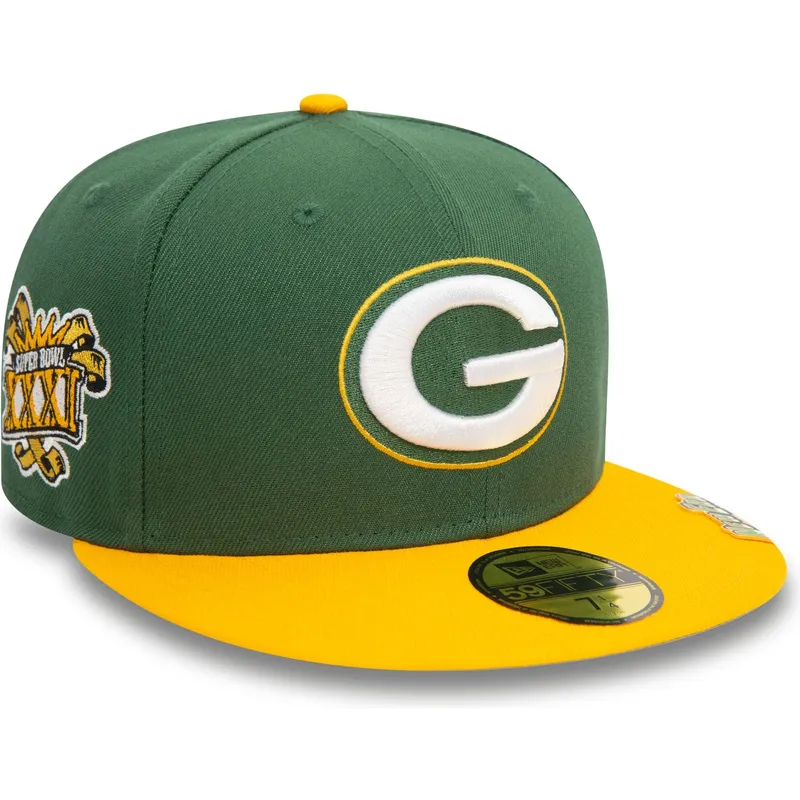 grune-und-gelbe-59fifty-fitted-cap-mit-flachem-schirm-und-pin-set-der-green-bay-packers-nfl-von-new-era