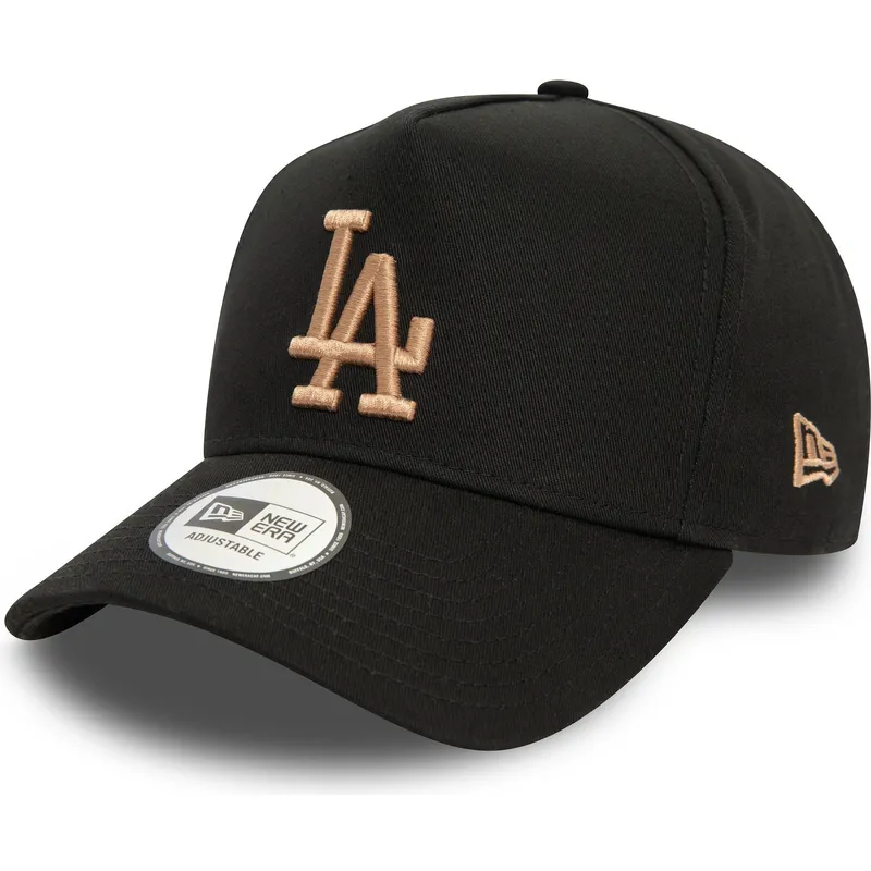 schwarze-gebogene-snapback-kappe-mit-beigem-logo-9forty-e-frame-league-essential-der-los-angeles-dodgers-mlb-von-new-era