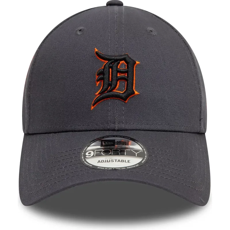 graue-verstellbare-curved-cap-mit-orangefarbenem-logo-9forty-side-patch-der-detroit-tigers-mlb-von-new-era