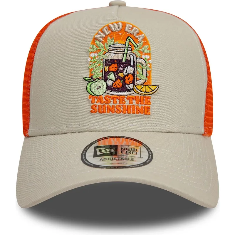 beige-orangefarbene-9forty-a-frame-summer-patch-trucker-cap-taste-the-sunshine-von-new-era