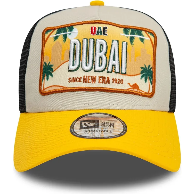 beige-und-gelbe-trucker-kappe-9forty-a-frame-license-plate-dubai-stadte-und-strande-von-new-era