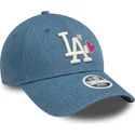 blaue-verstellbare-curved-cap-fur-damen-9forty-denim-icon-heart-der-los-angeles-dodgers-mlb-von-new-era