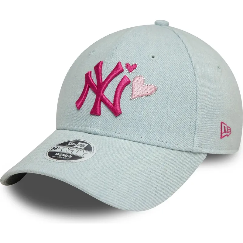 hellblaue-gebogene-verstellbare-damenkappe-mit-rosa-logo-9forty-denim-icon-heart-der-new-york-yankees-mlb-von-new-era