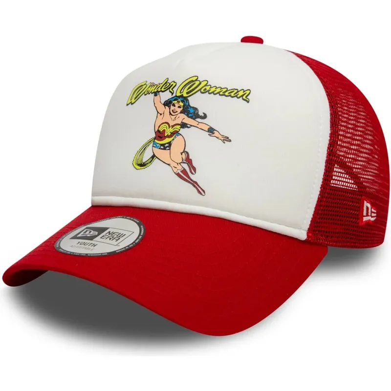weisse-und-rote-trucker-kappe-fur-jungen-9forty-a-frame-wonder-woman-dc-comics-von-new-era