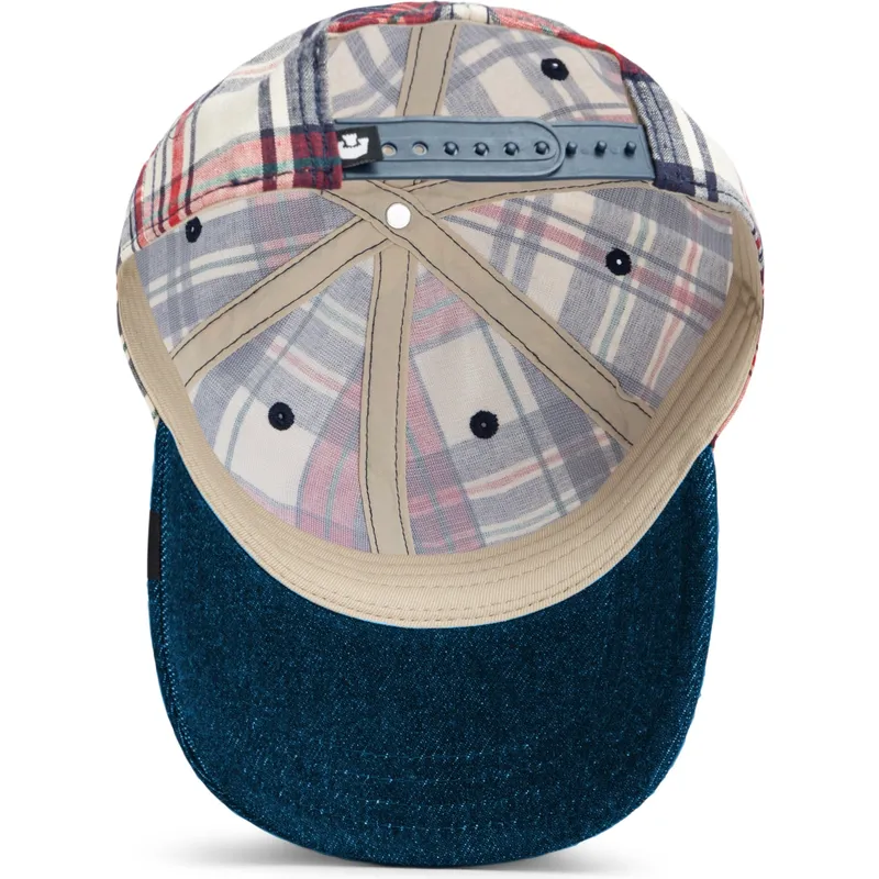 sapkak-ivelt-sotetkek-snapback-goorin-bros-curved-brim-raised-in-a-barn-papa-cap-madras-the-farm-navy-blue-and-red-cap-the-farm-