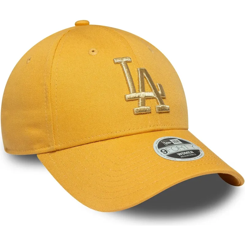 gelbe-gebogene-verstellbare-damenkappe-9forty-metallic-logo-der-los-angeles-dodgers-mlb-von-new-era