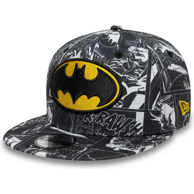 schwarze-flache-snapback-kappe-fur-kinder-9fifty-all-over-print-von-batman-dc-comics-von-new-era