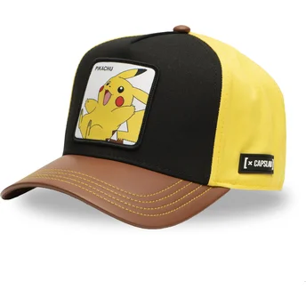 Snapback-Kappe Pikachu PMK6 PIK Pokémon von Capslab in Schwarz, Gelb und Braun mit gebogenem Schirm