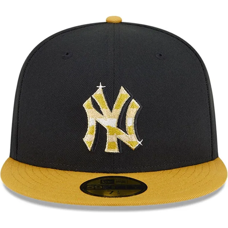 schwarze-und-gelbe-anliegende-flatcap-mit-goldenem-logo-59fifty-day-von-new-york-yankees-mlb-von-new-era