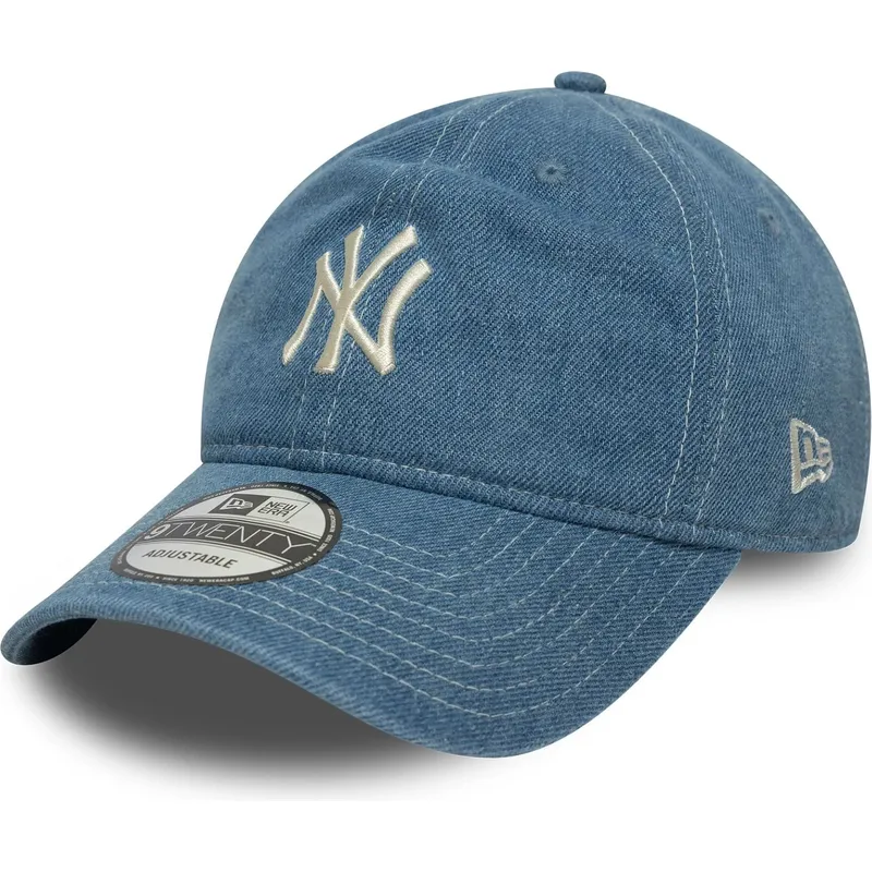 blaue-gebogene-verstellbare-9twenty-denim-kappe-der-new-york-yankees-mlb-von-new-era
