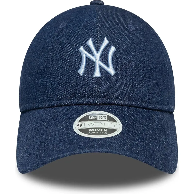 marineblaue-gebogene-verstellbare-damen-kappe-9twenty-denim-der-new-york-yankees-mlb-von-new-era