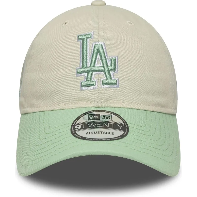 beige-und-grune-verstellbare-curved-cap-fur-damen-9twenty-world-series-cooperstown-der-los-angeles-dodgers-mlb-von-new-era