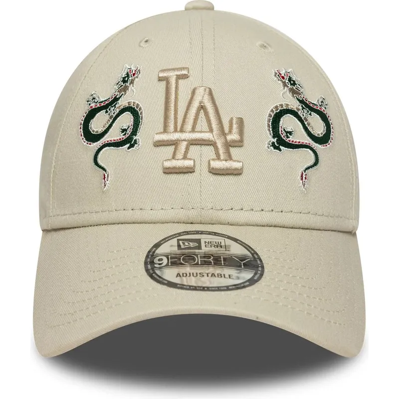 beige-verstellbare-curved-cap-mit-beigem-logo-9forty-icon-dragon-der-los-angeles-dodgers-mlb-von-new-era