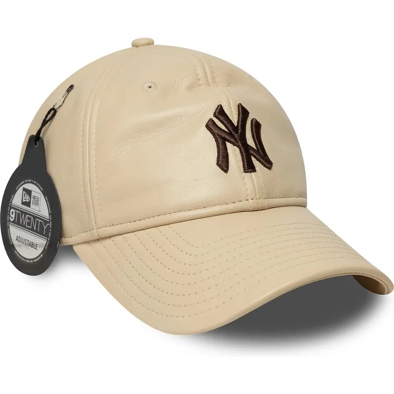 beige-verstellbare-curved-cap-mit-braunem-logo-9twenty-leather-der-new-york-yankees-mlb-von-new-era