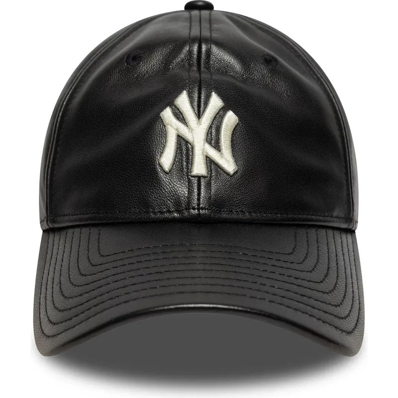 schwarze-verstellbare-curved-cap-9twenty-leather-der-new-york-yankees-mlb-von-new-era
