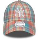 rosa-und-blau-verstellbare-curved-cap-fur-damen-9forty-check-der-new-york-yankees-mlb-von-new-era