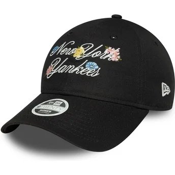 New Era New York Yankees MLB 9FORTY Floral Script justerbar svart böjd keps för kvinnor