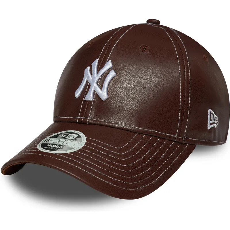 braune-gebogene-verstellbare-damenkappe-9forty-topstitch-pu-der-new-york-yankees-mlb-von-new-era