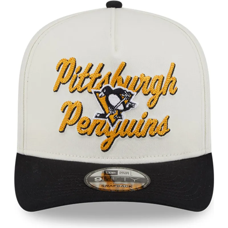 beige-und-schwarze-gebogene-snapback-kappe-9fifty-a-frame-chainstitch-der-pittsburgh-penguins-nhl-von-new-era