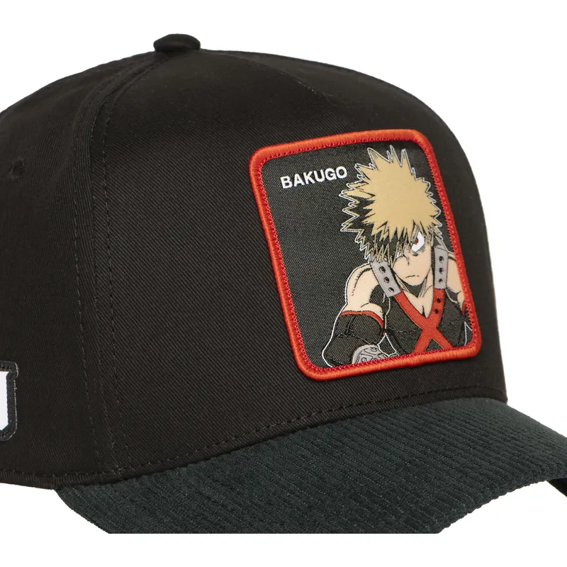schwarze-und-grune-gebogene-snapback-kappe-katsuki-bakugo-mha2-bak-my-hero-academia-von-capslab