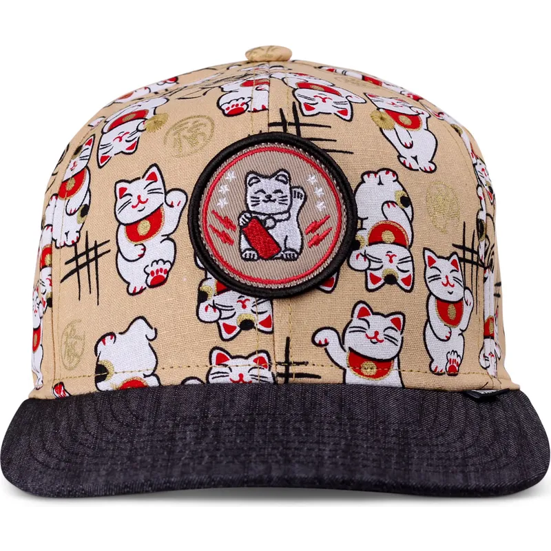 platt-keps-beige-och-svart-snapback-for-barn-lucky-cat-linen-fran-djinns