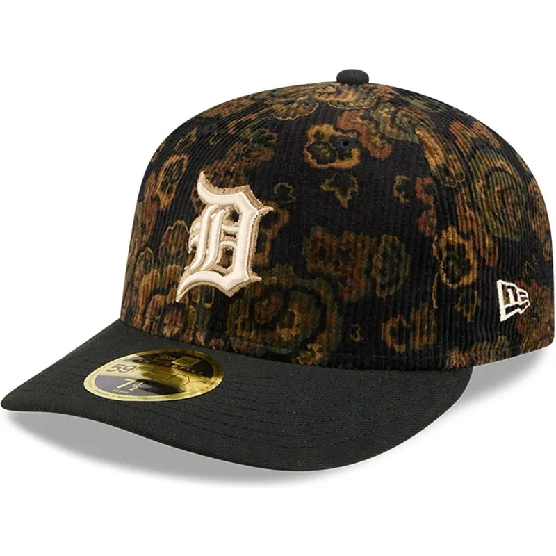 schwarze-gebogene-angepasste-kappe-59fifty-low-profile-floral-cord-three-looms-printed-corduroy-von-detroit-tigers-mlb-von-new-e
