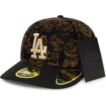 Schwarze gebogene 59FIFTY Low Profile Floral Cord Three Looms Printed Corduroy Los Angeles Dodgers MLB Kappe von New Era