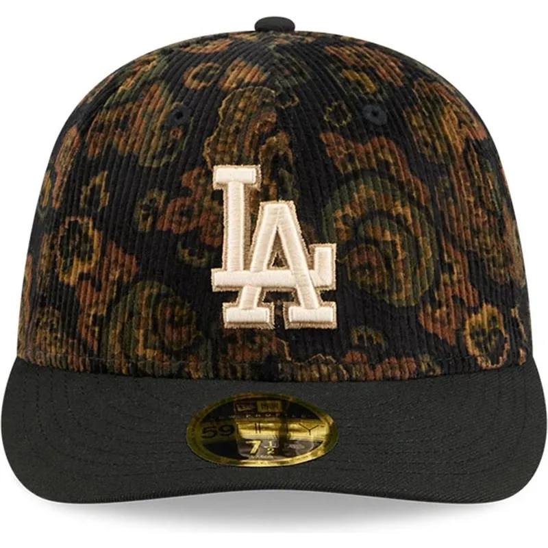 schwarze-gebogene-angepasste-kappe-59fifty-low-profile-floral-cord-three-looms-printed-corduroy-der-los-angeles-dodgers-mlb-von-