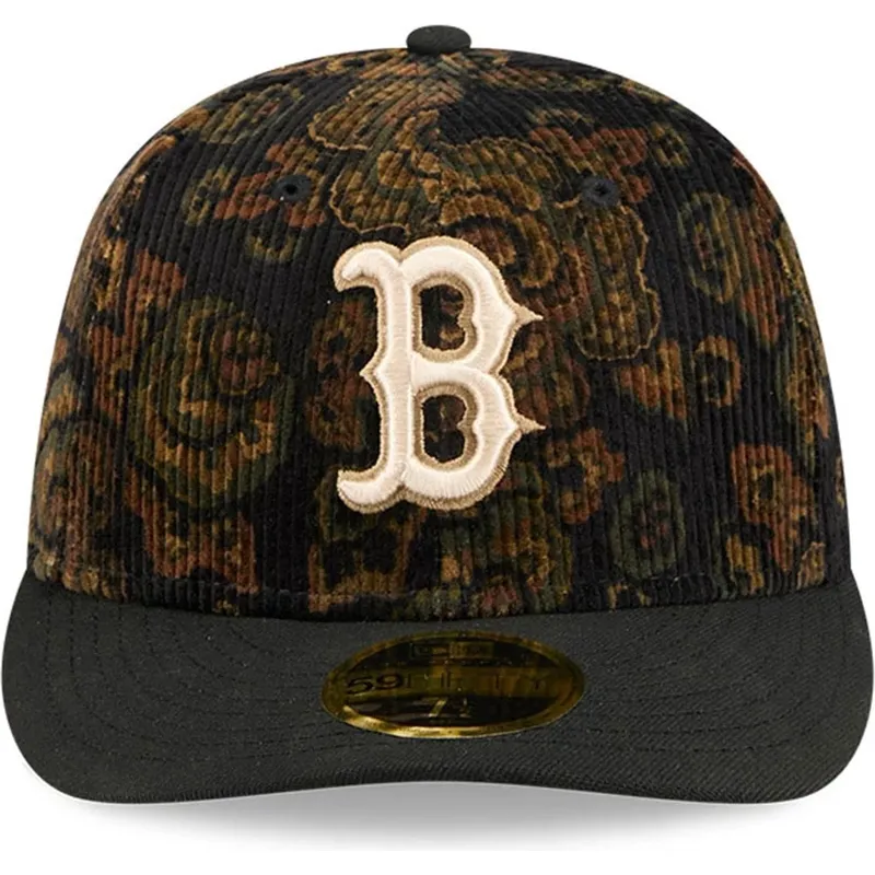 schwarze-gebogene-angepasste-kappe-59fifty-low-profile-floral-cord-three-looms-printed-corduroy-der-boston-red-sox-mlb-von-new-e