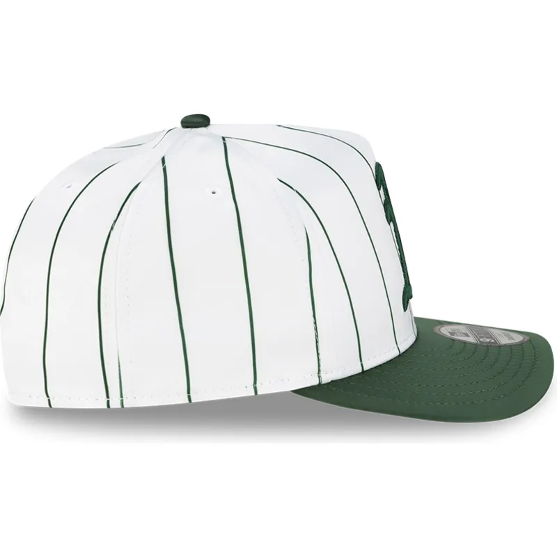weisse-und-grune-gebogene-snapback-kappe-9fifty-a-frame-satin-pinstripe-von-oakland-athletics-mlb-von-new-era
