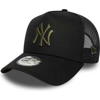 New York Yankees MLB New Era svart truckerkeps med grönt A Frame League Essential-logo