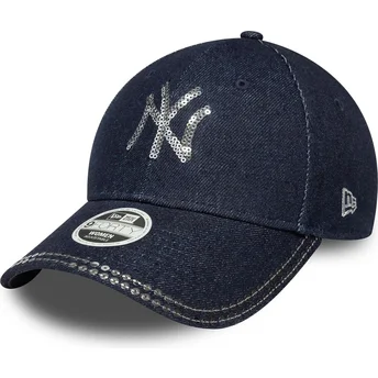 Marinblå justerbar kurvad keps för dam 9FORTY Sequin Denim från New York Yankees MLB av New Era