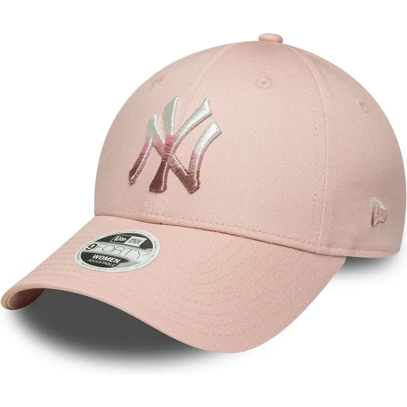 gebogene-rosa-verstellbare-damenkappe-9forty-metallic-logo-der-new-york-yankees-mlb-von-new-era
